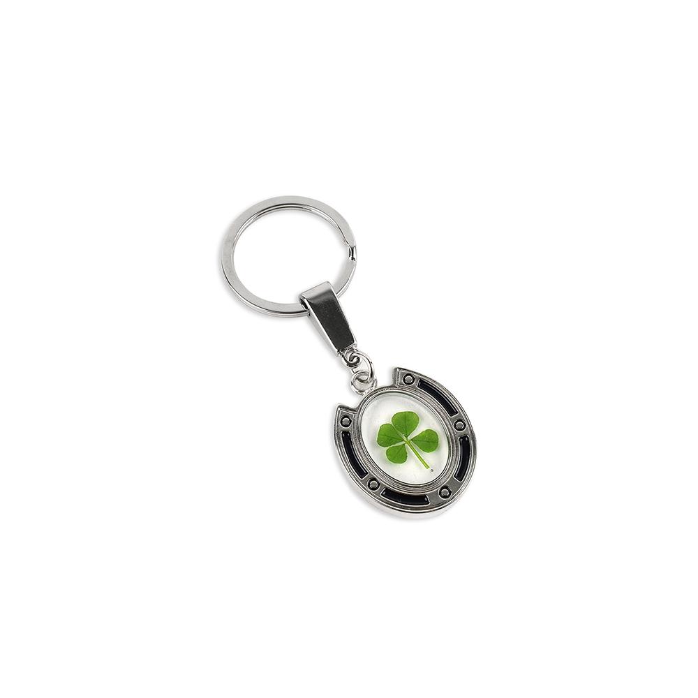 Clover Keyring - Fancy Resin Craft Art Pressed Real Four Leaf Clover Key Chain - Black Round Shape